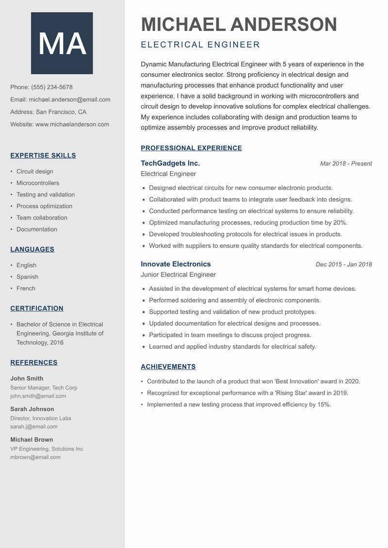 Manufacturing Electrical Engineer Resume Preview Example