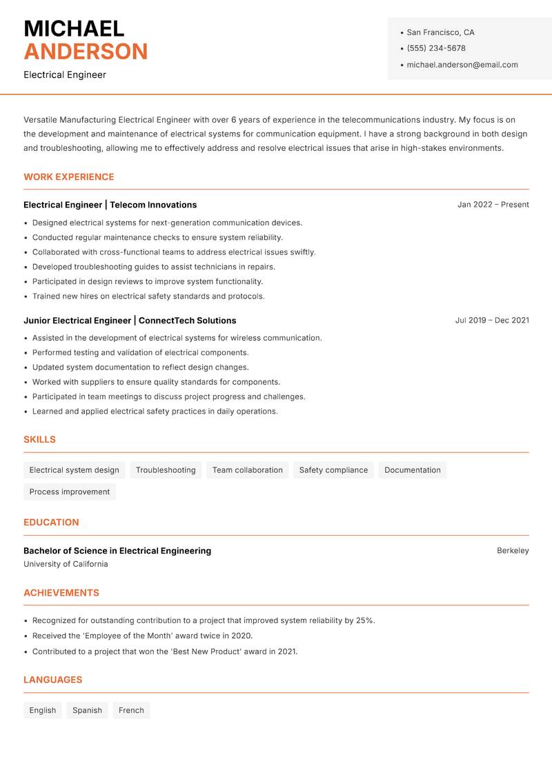 Manufacturing Electrical Engineer Resume Template