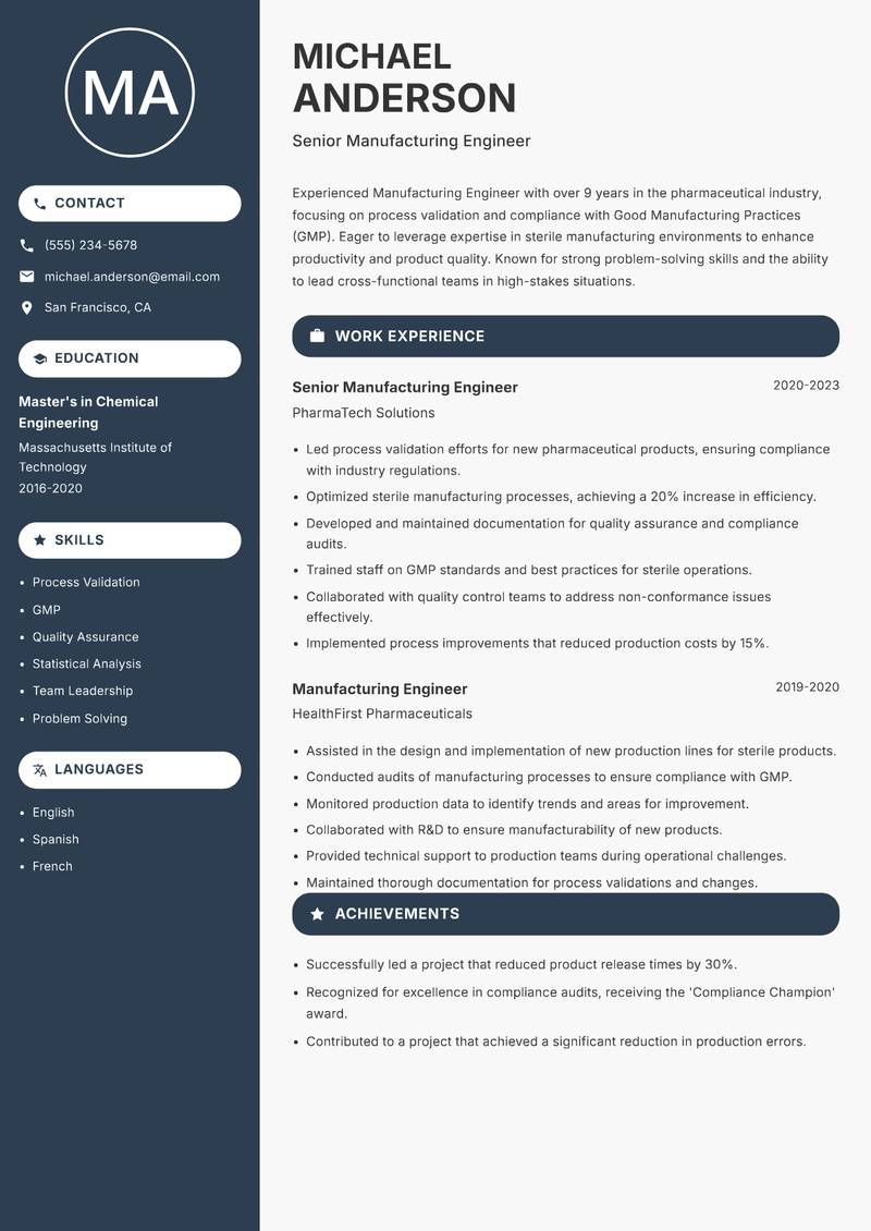 Manufacturing Engineer Resume Preview Example