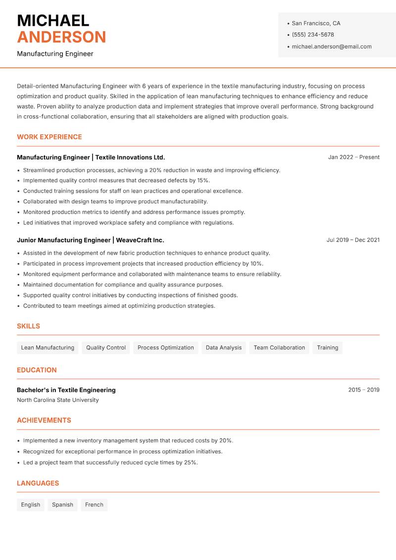 Manufacturing Engineer Resume Template