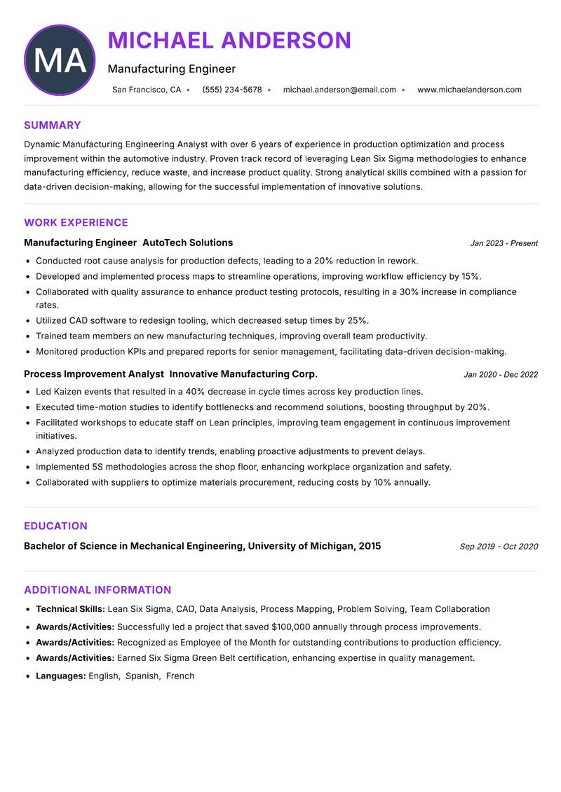 Manufacturing Engineering Analyst Resume Preview Example