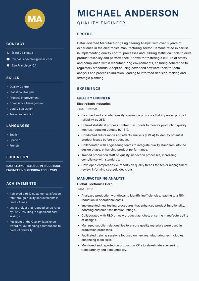 Manufacturing Engineering Analyst Resume Preview Example