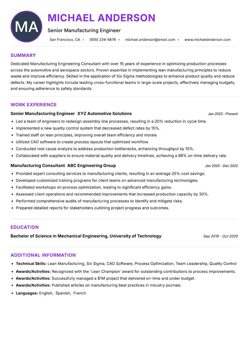 Manufacturing Engineering Consultant Resume Preview Example