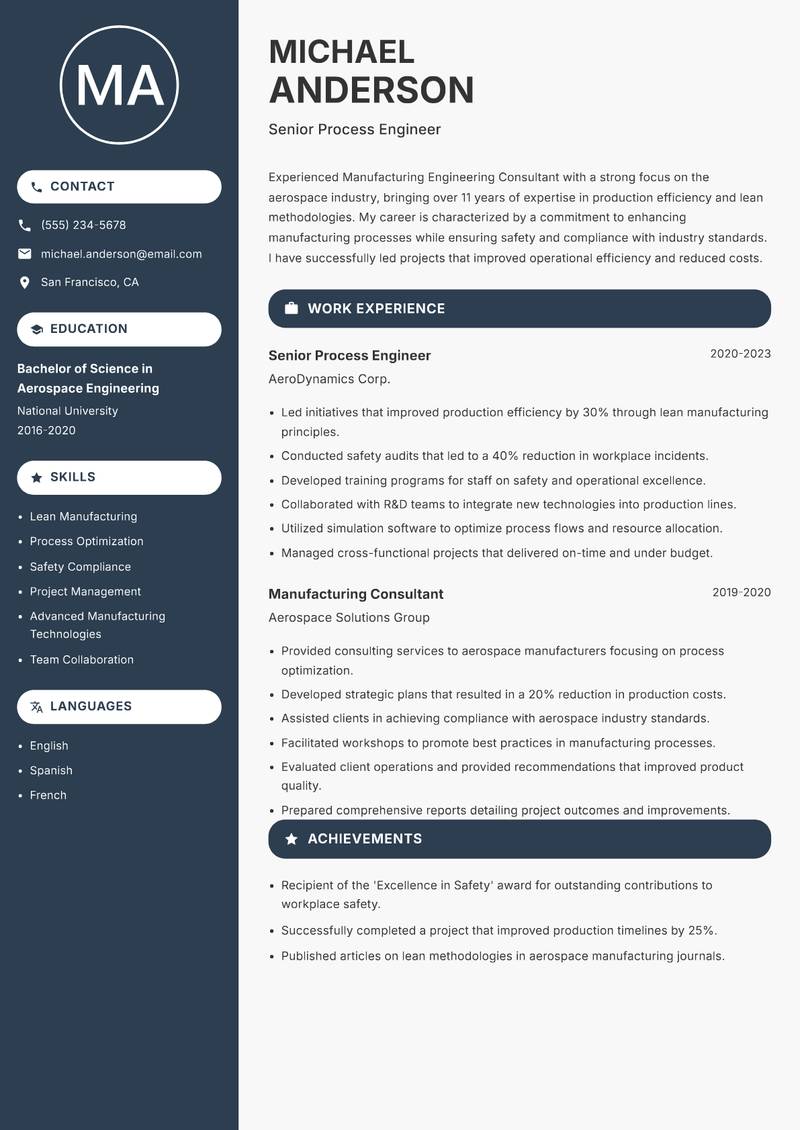 Manufacturing Engineering Consultant Resume Preview Example