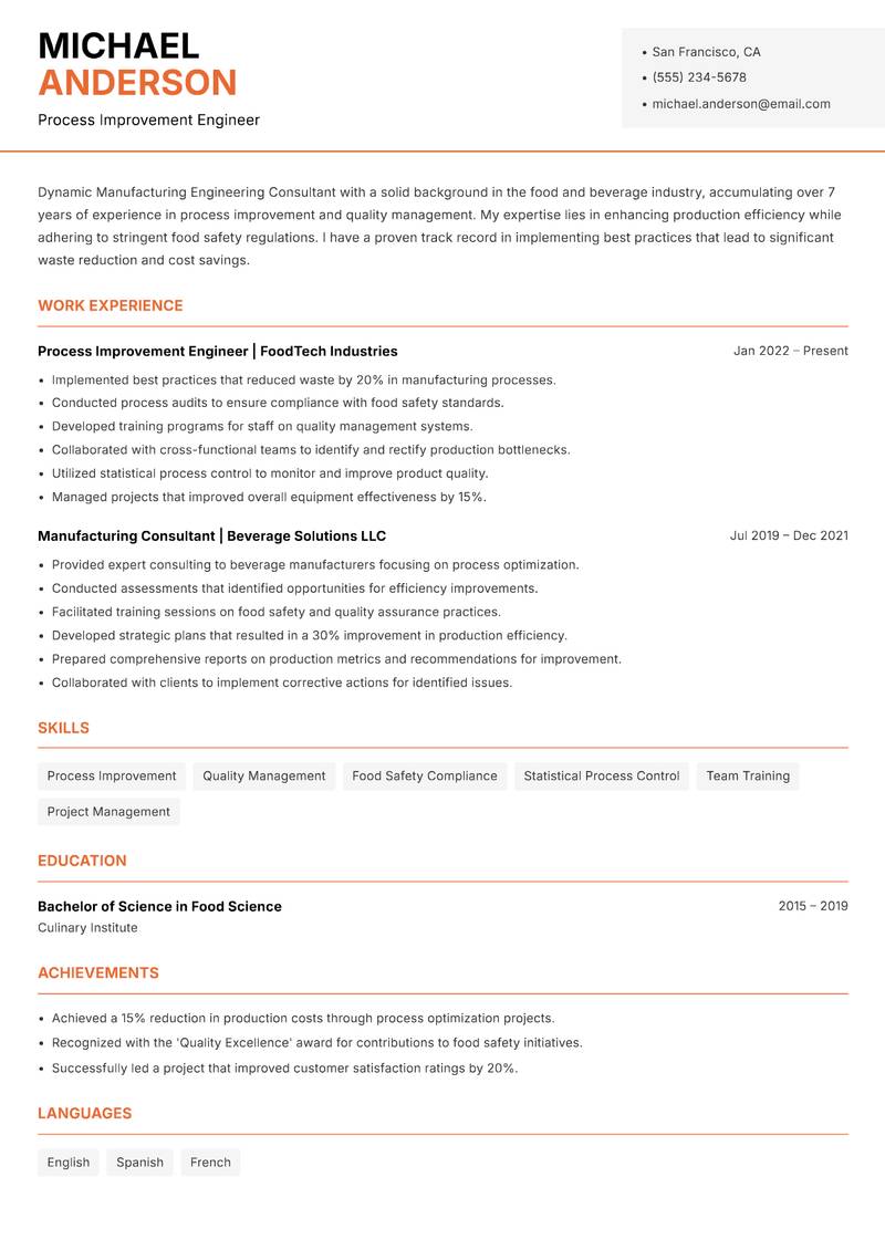 Manufacturing Engineering Consultant Resume Template