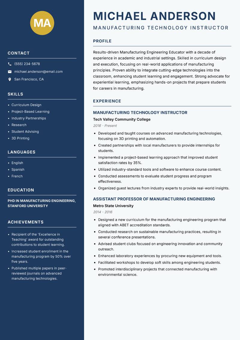 Manufacturing Engineering Educator Resume Preview Example