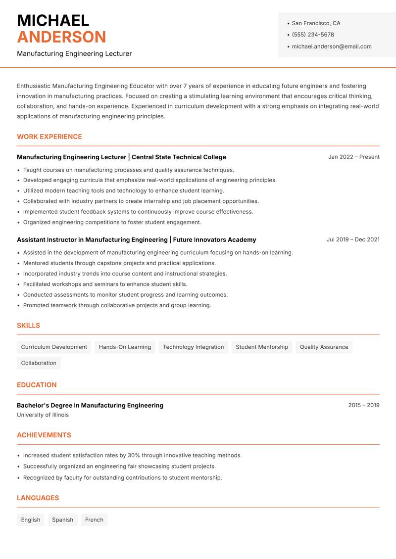 Manufacturing Engineering Educator Resume Template