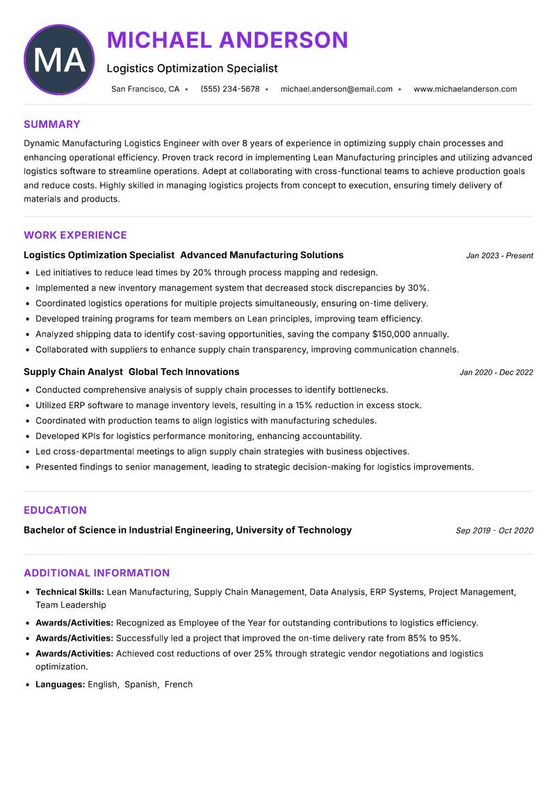 Manufacturing Logistics Engineer Resume Preview Example