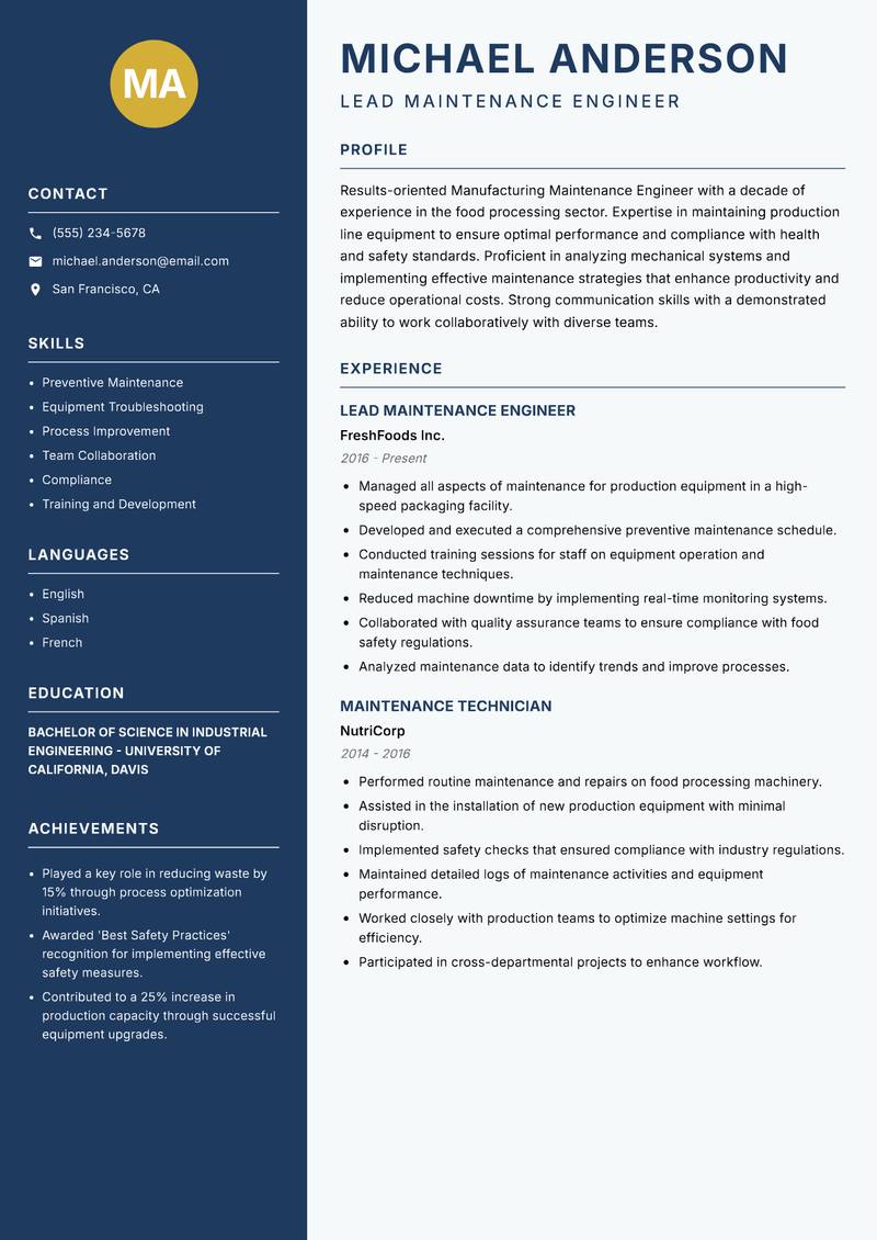 Manufacturing Maintenance Engineer Resume Preview Example