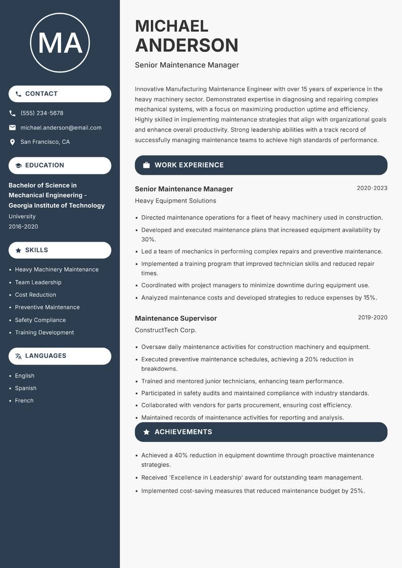 Manufacturing Maintenance Engineer Resume Preview Example