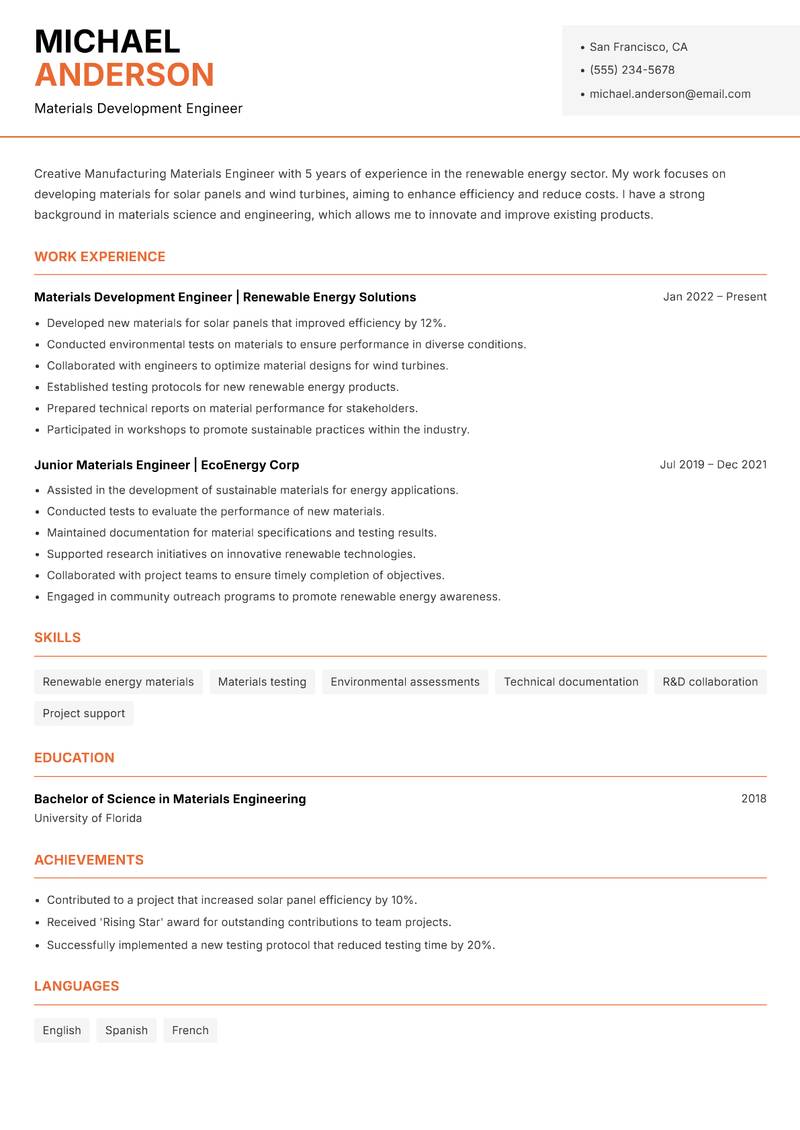 Manufacturing Materials Engineer Resume Template