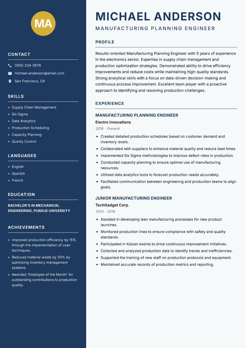 Manufacturing Planning Engineer Resume Preview Example
