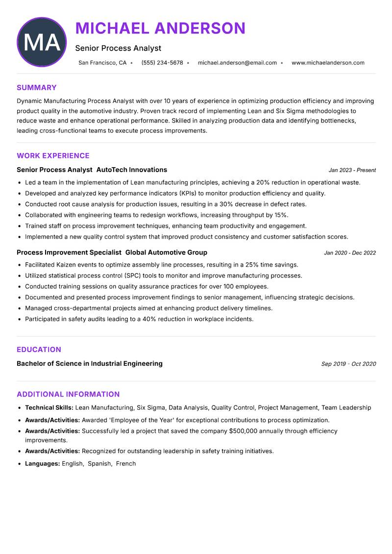 Manufacturing Process Analyst Resume Preview Example