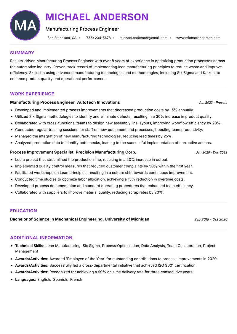 Manufacturing Process Engineer Resume Preview Example