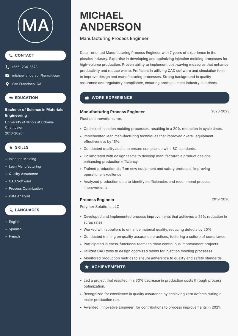 Manufacturing Process Engineer Resume Preview Example