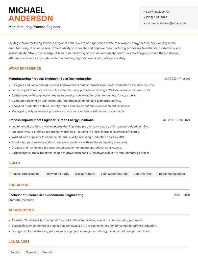 Manufacturing Process Engineer Resume Template