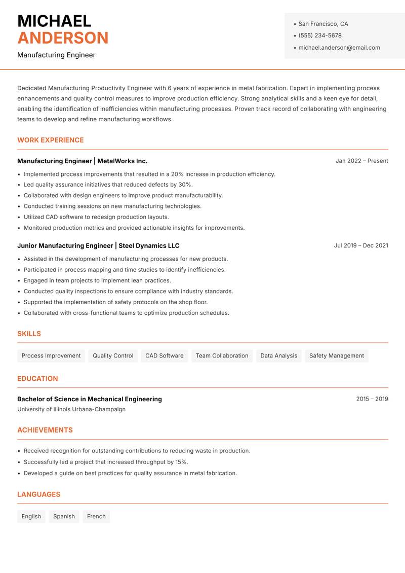 Manufacturing Productivity Engineer Resume Template