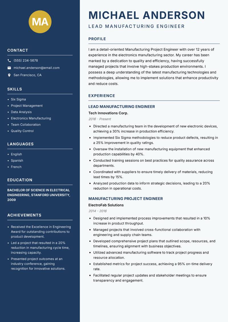Manufacturing Project Engineer Resume Preview Example
