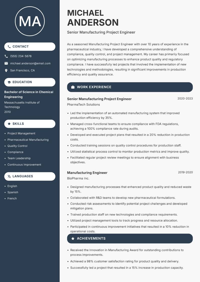 Manufacturing Project Engineer Resume Preview Example