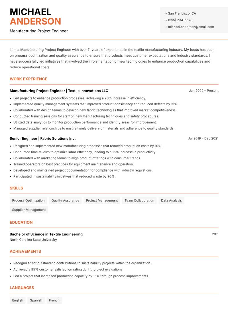 Manufacturing Project Engineer Resume Template