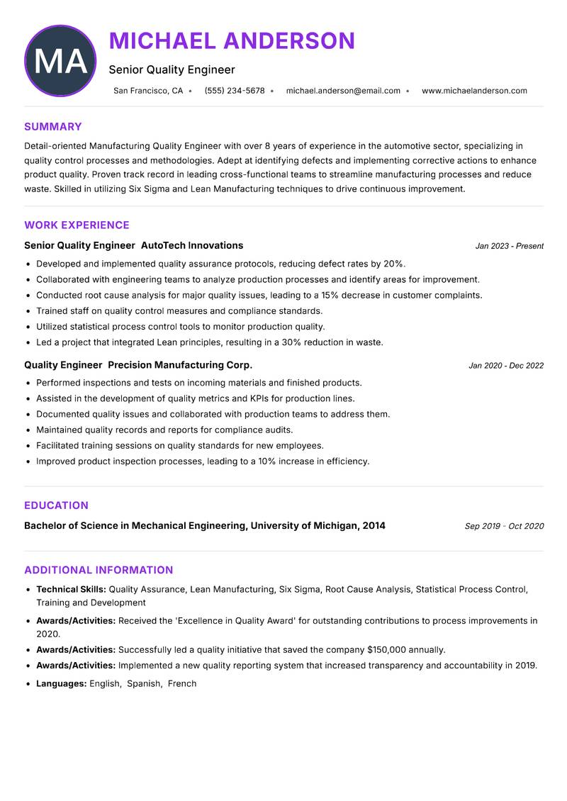 Manufacturing Quality Engineer Resume Preview Example