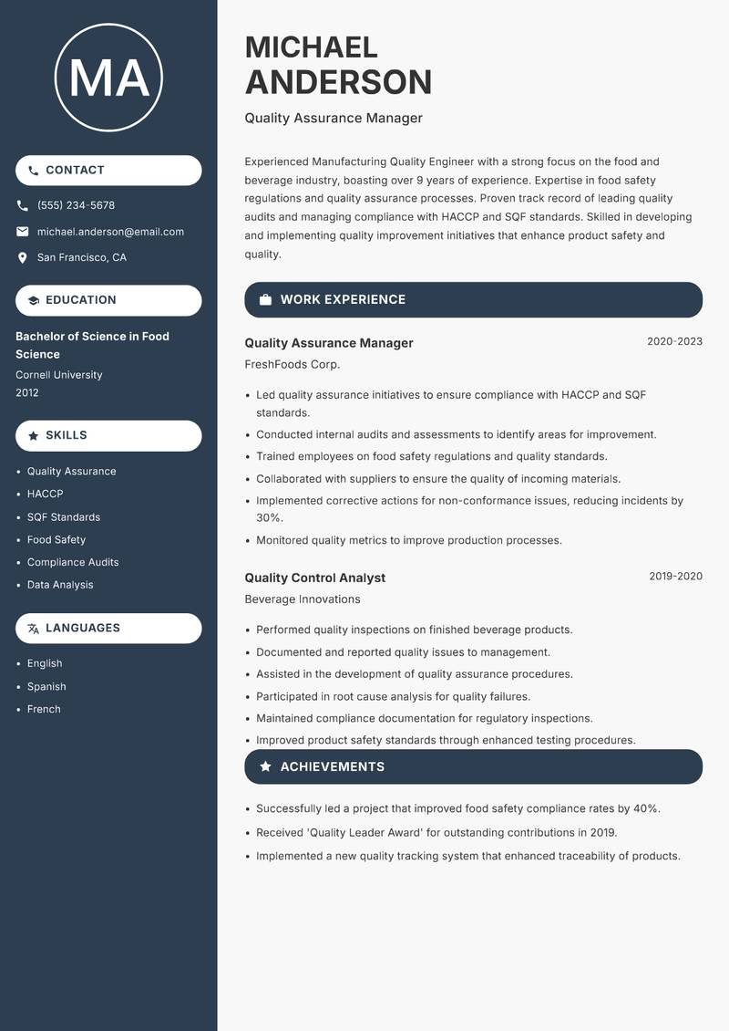 Manufacturing Quality Engineer Resume Preview Example