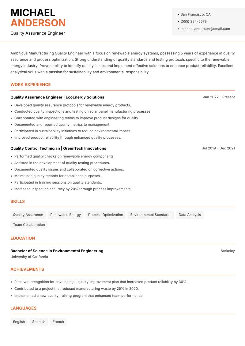 Manufacturing Quality Engineer Resume Template