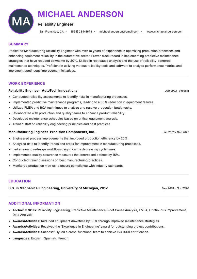 Manufacturing Reliability Engineer Resume Preview Example