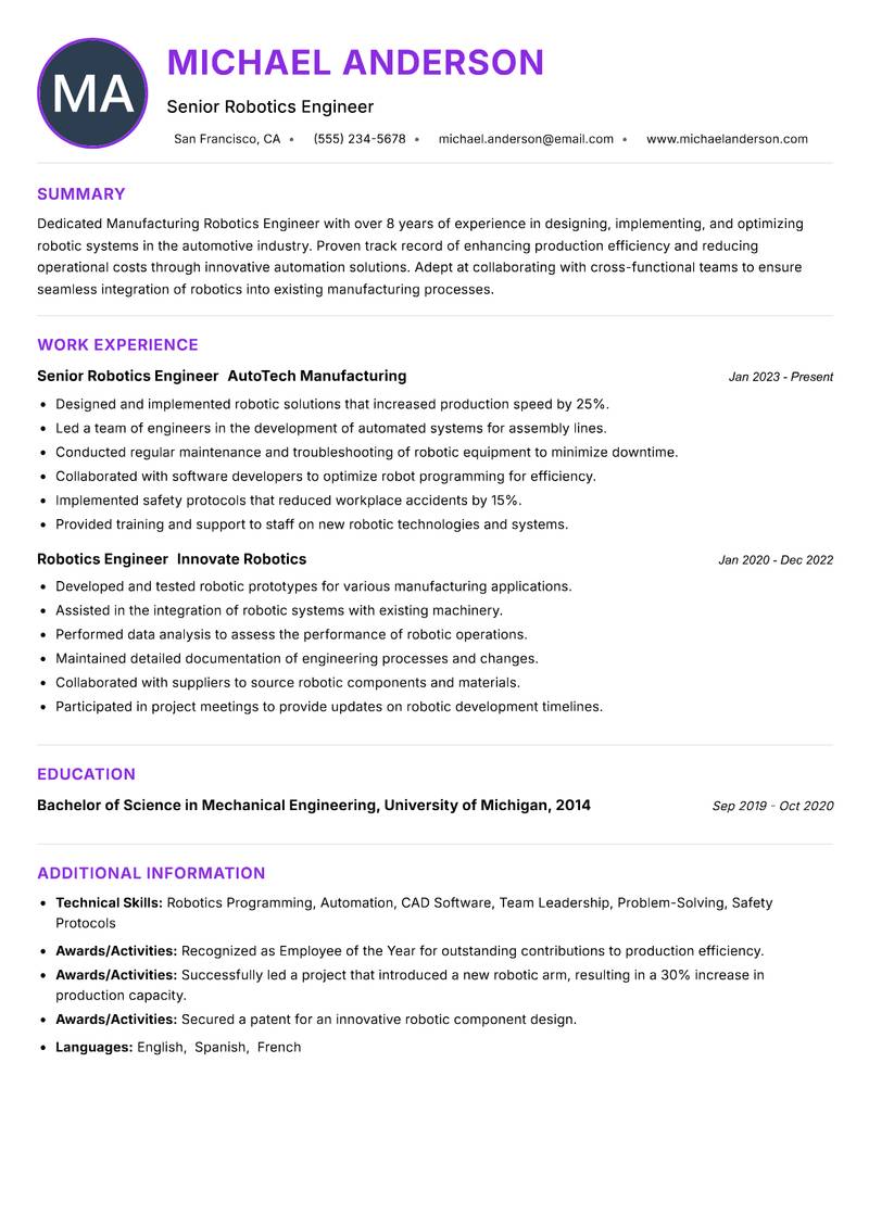 Manufacturing Robotics Engineer Resume Preview Example