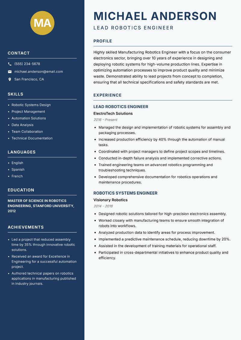 Manufacturing Robotics Engineer Resume Preview Example