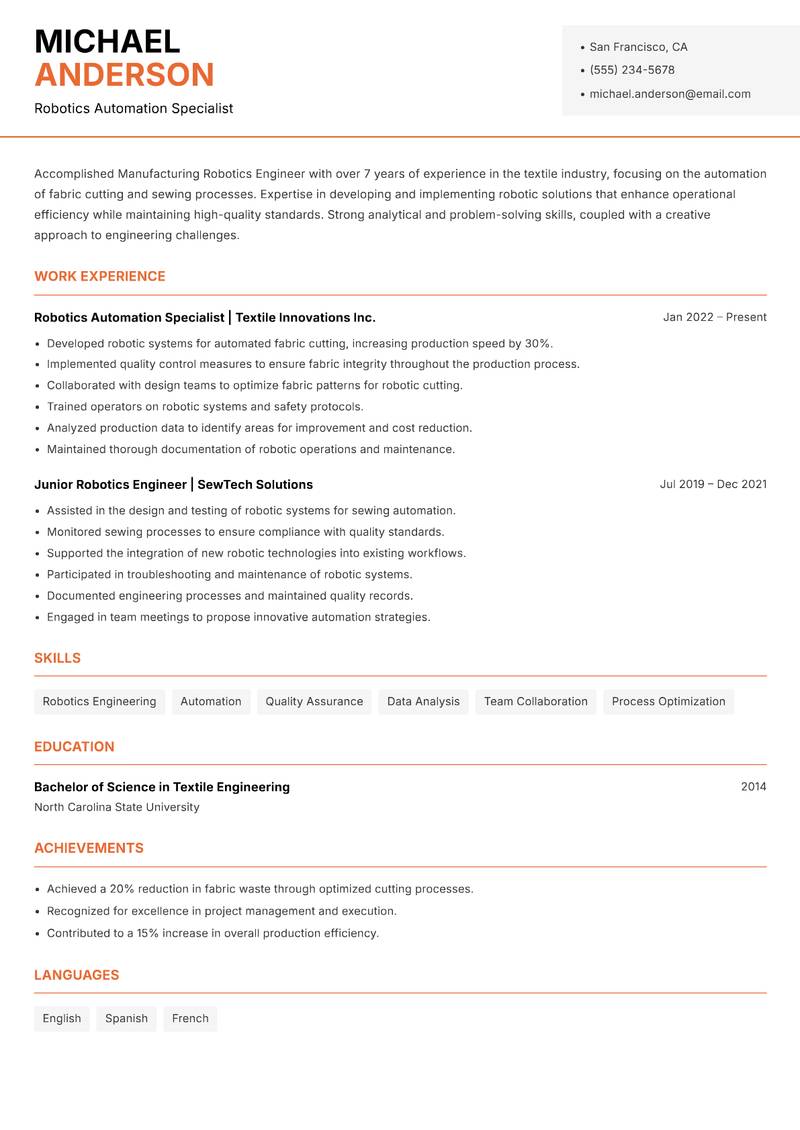 Manufacturing Robotics Engineer Resume Template