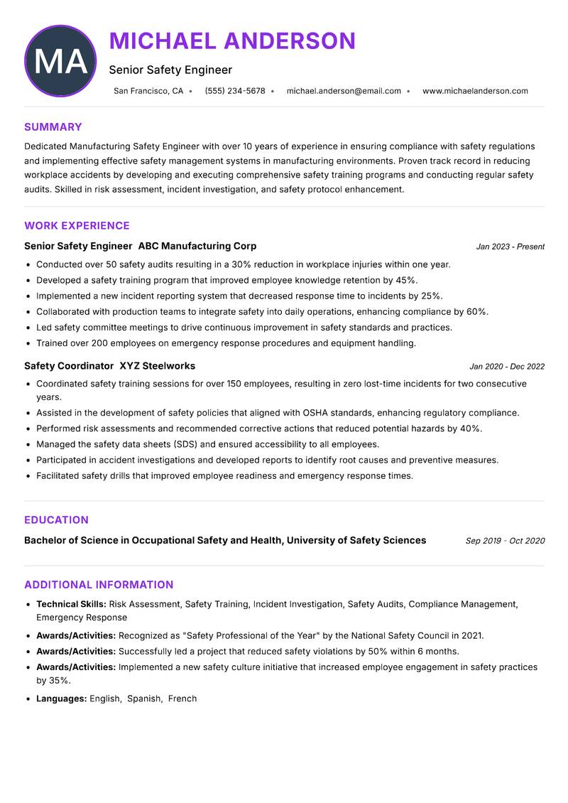Manufacturing Safety Engineer Resume Preview Example