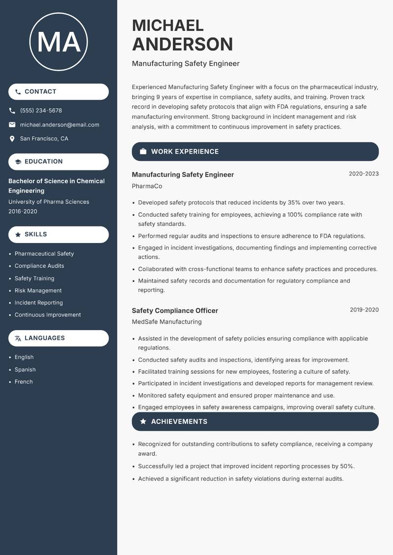 Manufacturing Safety Engineer Resume Preview Example