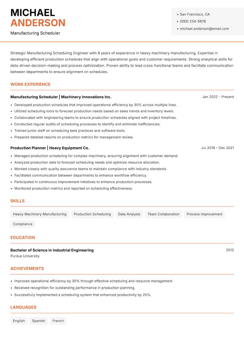 Manufacturing Scheduling Engineer Resume Template