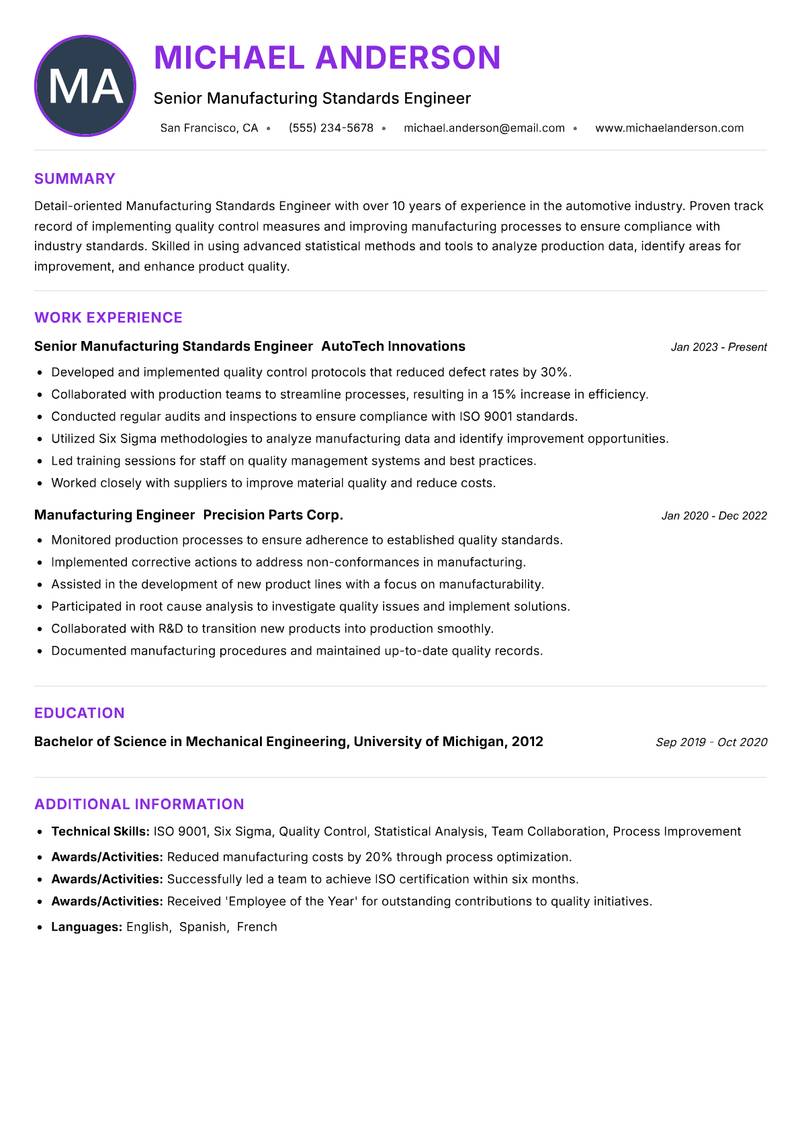 Manufacturing Standards Engineer Resume Preview Example