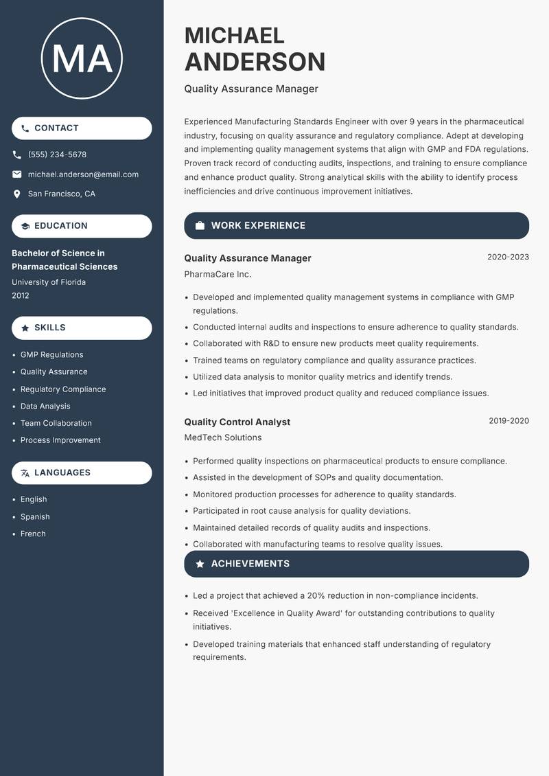 Manufacturing Standards Engineer Resume Preview Example
