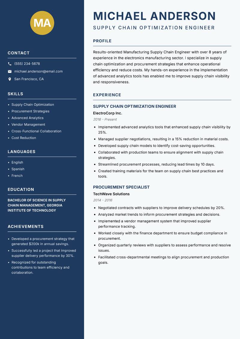 Manufacturing Supply Chain Engineer Resume Preview Example