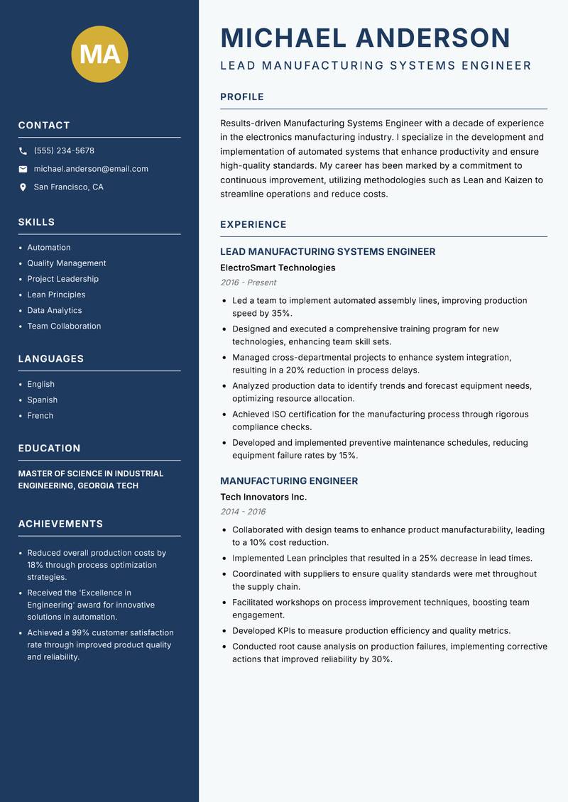 Manufacturing Systems Engineer Resume Preview Example