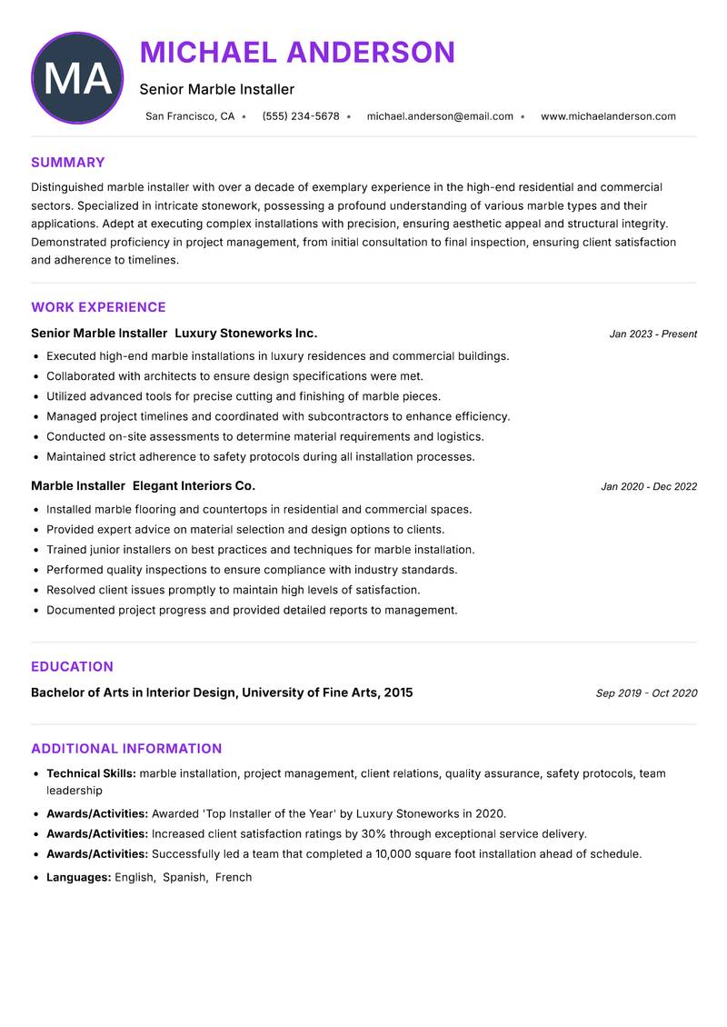 Marble Installer Resume Preview Example