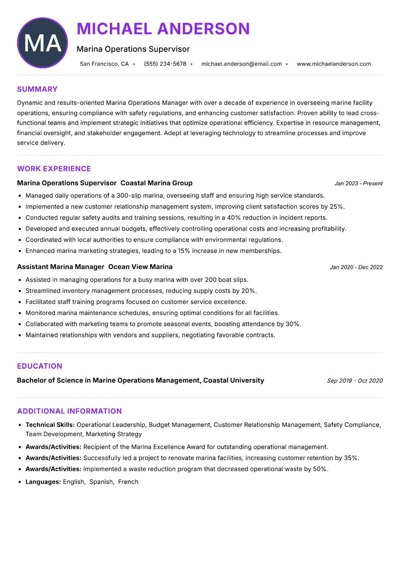 Marina Operations Manager Resume Preview Example