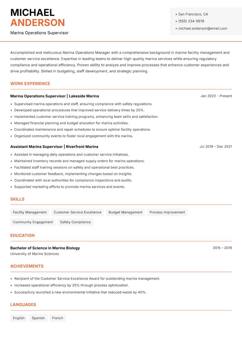 Marina Operations Manager Resume Template