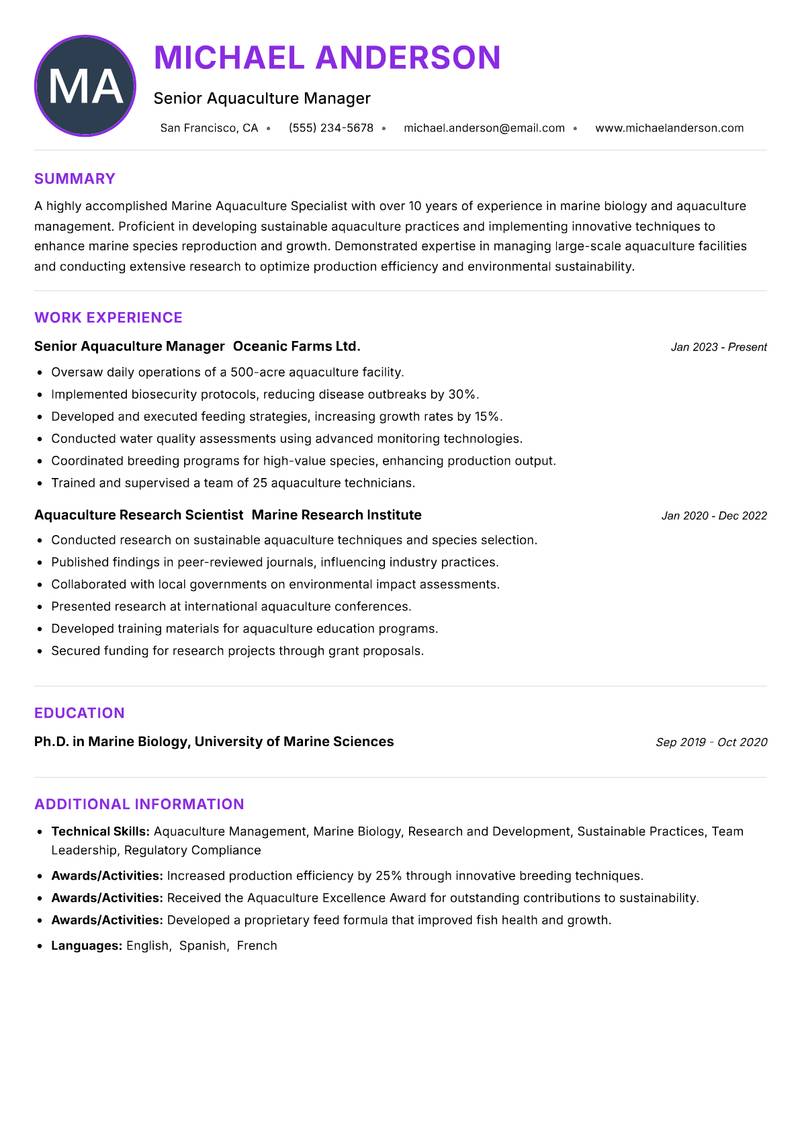 Marine Aquaculture Specialist Resume Preview Example