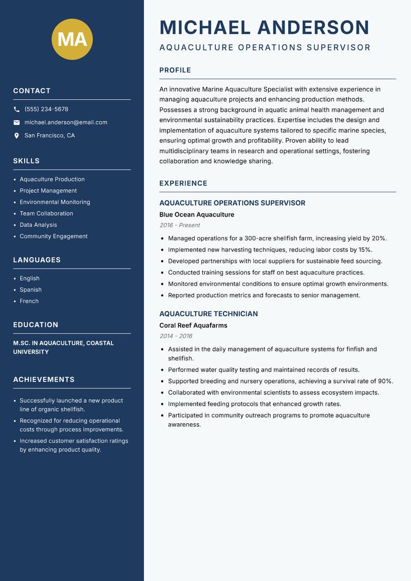 Marine Aquaculture Specialist Resume Preview Example
