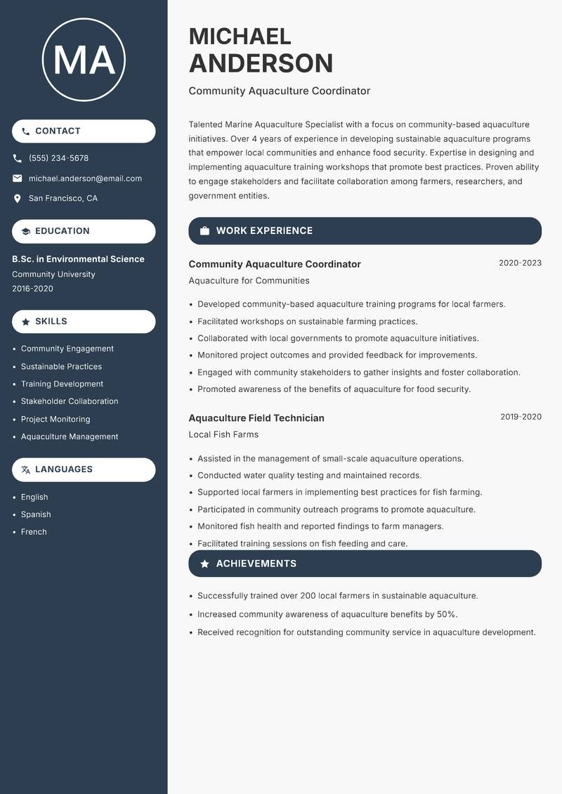 Marine Aquaculture Specialist Resume Preview Example