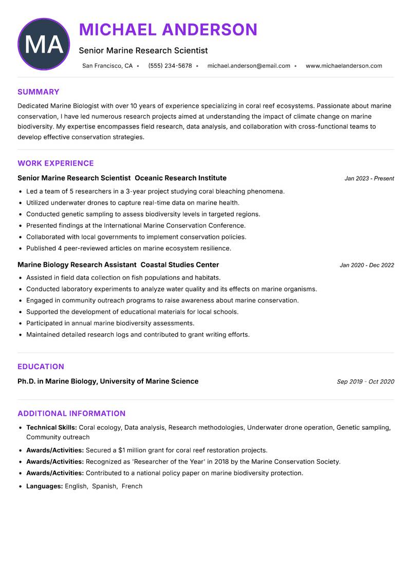 Marine Biologist Resume Preview Example