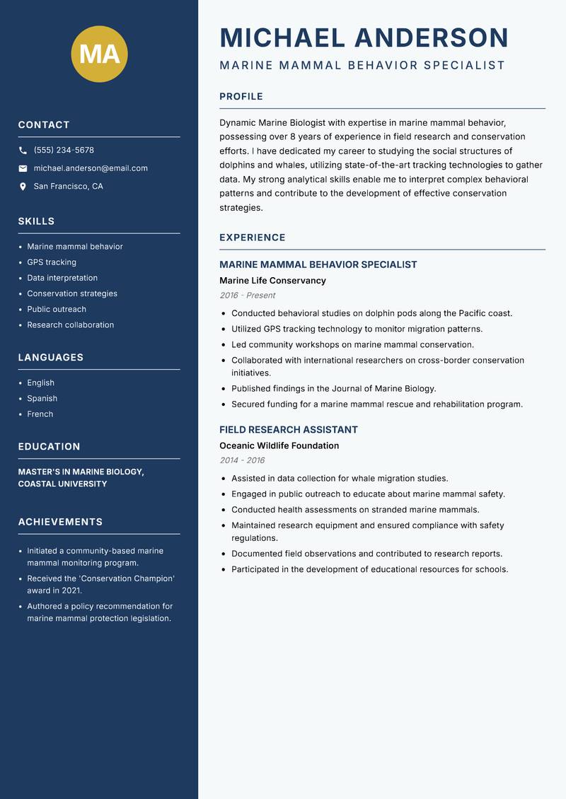 Marine Biologist Resume Preview Example