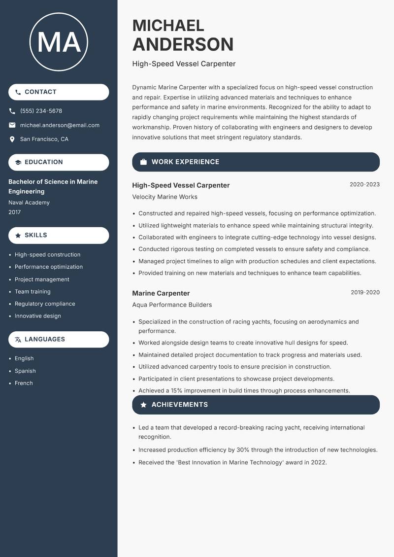 Marine Carpenter Resume Preview Example