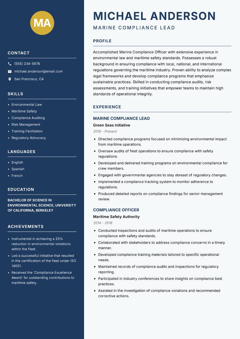 Marine Compliance Officer Resume Preview Example