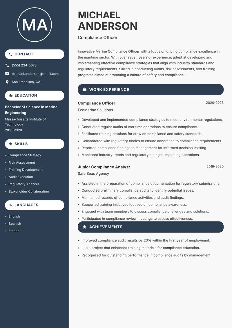 Marine Compliance Officer Resume Preview Example