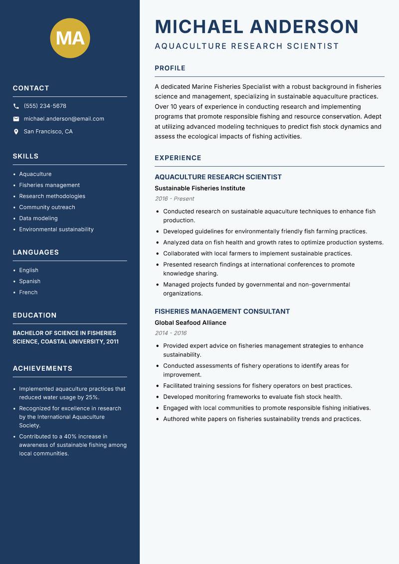 Marine Fisheries Specialist Resume Preview Example